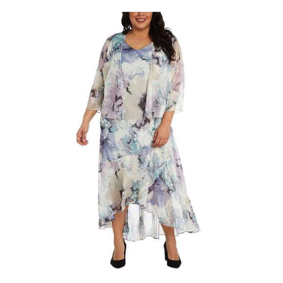 R&M RICHARDS Womens Light Blue Zippered Lined Open Front 3/4 Sleeve Sheer Floral Sleeveless Sweetheart Neckline Knee Length Evening Shift Dress